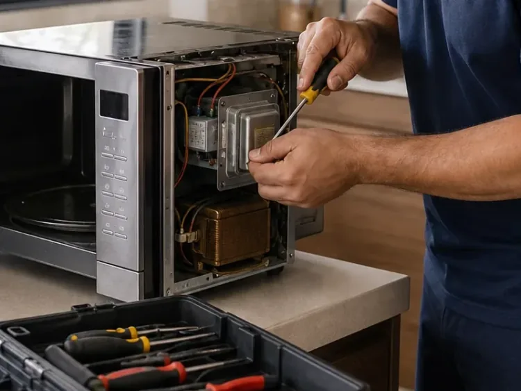 Reparo dos componentes internos do micro-ondas na bancada